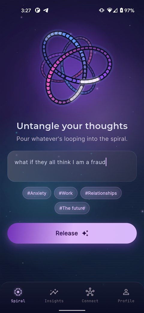 The Mindknot app showing a glowing particle knot above the words Untangle your thoughts